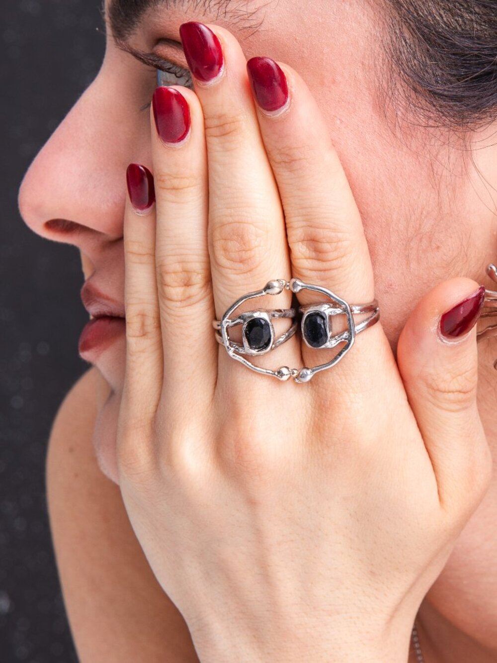 Nyx Black Stone Ring, Organic Adjustable Jewelry, Handmade Sculptural Design